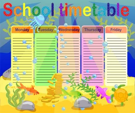 School timetable with marine themes, table, underwater world Stock Illustration