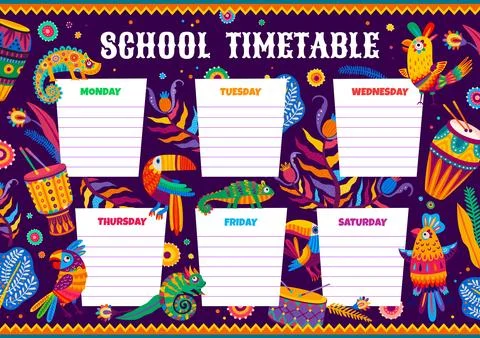 School timetable with mexican drums, animals Stock Illustration