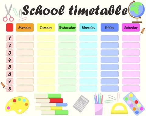 School timetable, planner for pupils for the week vector illustration. Ilustración de archivo