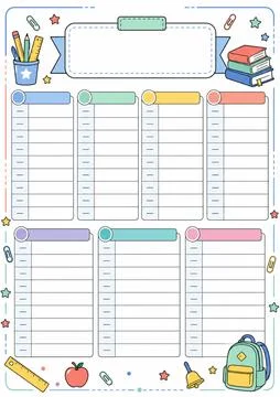 School Timetable Planner Template Vector Illustration Set Stock Illustration