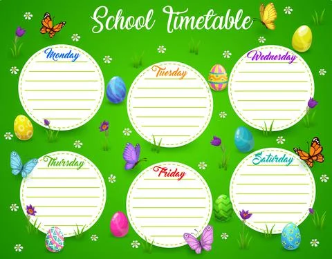 School timetable, schedule, Easter egg hunt field Stock Illustration