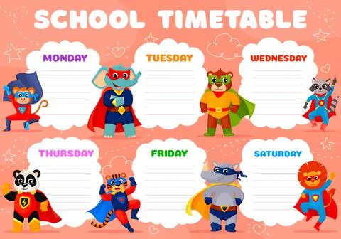 School timetable schedule with superhero animals Stock Illustration