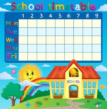 School timetable with school building - eps10 vector illustration. Ilustración de archivo