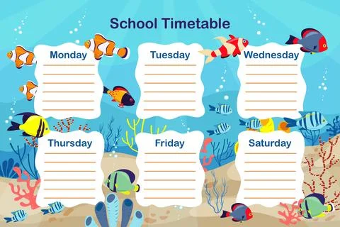 School timetable sea theme design fish corals vector template. Weekly lesson Stock Illustration