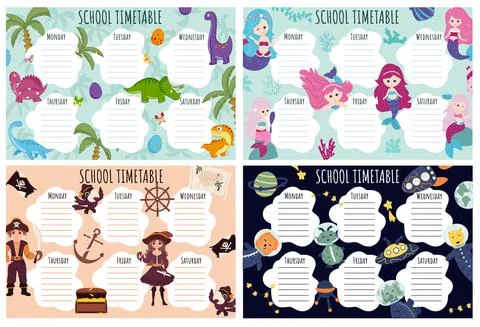 School Timetable set. Weekly schedule vector template for school students. Stock Illustration