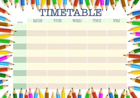 School timetable surrounded by colored pencils template イラスト素材