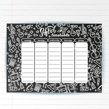 School timetable template on chalk board with hand written chalk text and Adv Stock Illustration