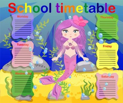 School timetable template for poster, note, book, memorypad with mermaid them Illustrazione stock