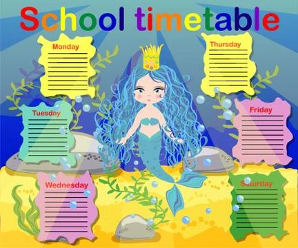 School timetable template for poster, note, book, memorypad with mermaid them Illustrazione stock