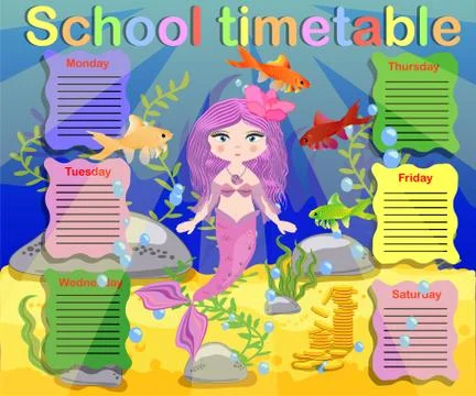School timetable template for poster, note, book, memorypad with mermaid them 스톡 일러스트