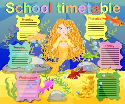 School timetable template for poster, note, book, memorypad with mermaid them Illustrazione stock