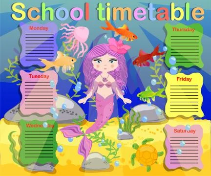 School timetable template for poster, note, book, memorypad with mermaid them 스톡 일러스트
