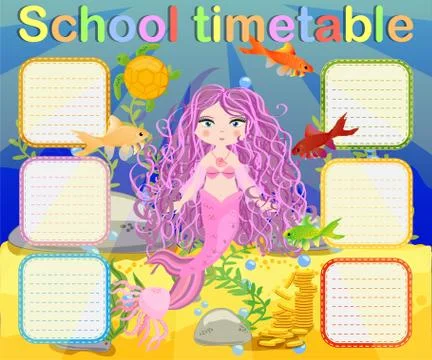 School timetable template for poster, note, book, memorypad with mermaid them Illustrazione stock
