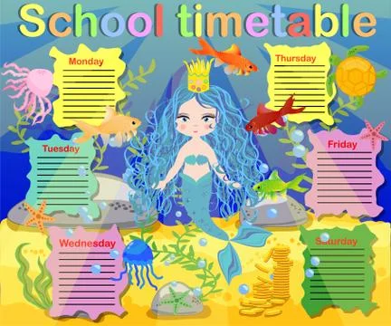 School timetable template for poster, note, book, memorypad with mermaid them Illustrazione stock