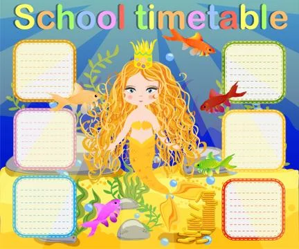 School timetable template for poster, note, book, memorypad with mermaid them Illustrazione stock
