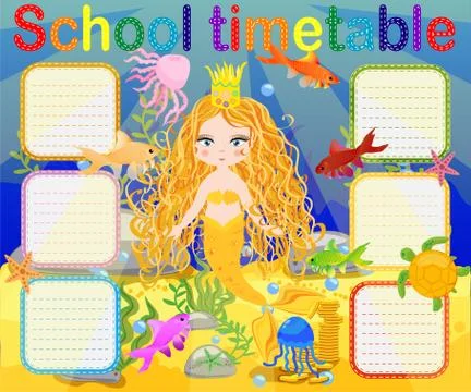 School timetable template for poster, note, book, memorypad with mermaid them 스톡 일러스트