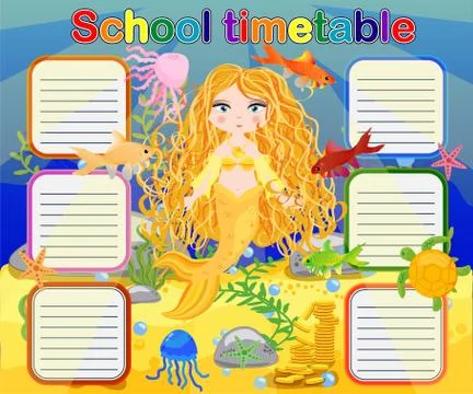 School timetable template for poster, note, book, memorypad with mermaid them Illustrazione stock