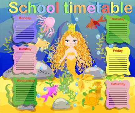 School timetable template for poster, note, book, memorypad with mermaid them Illustrazione stock