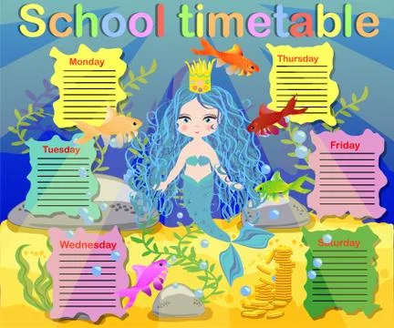 School timetable template for poster, note, book, memorypad with mermaid them 스톡 일러스트