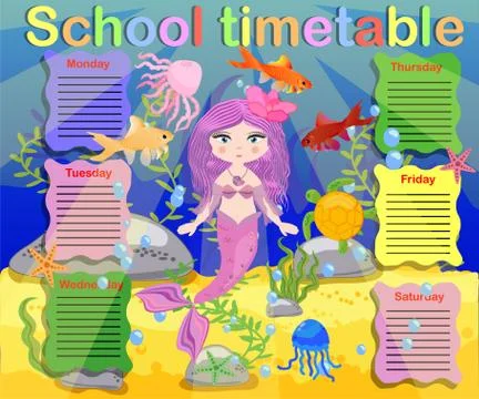 School timetable template for poster, note, book, memorypad with mermaid them 스톡 일러스트