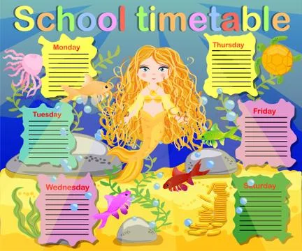 School timetable template for poster, note, book, memorypad with mermaid them 스톡 일러스트