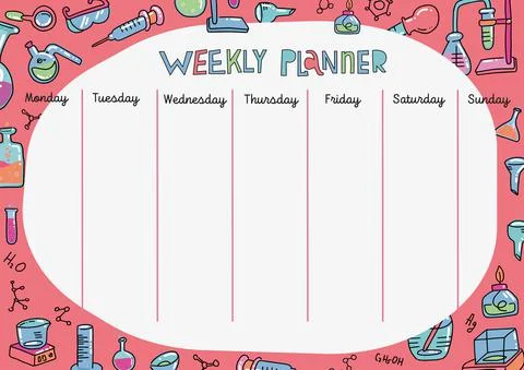 School timetable template with science theme illustration and lettering Weekly Illustrazione stock