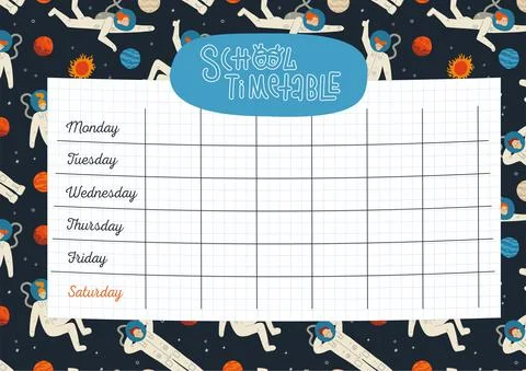 School timetable template, weekly classes schedule on space background with cute Stock Illustration