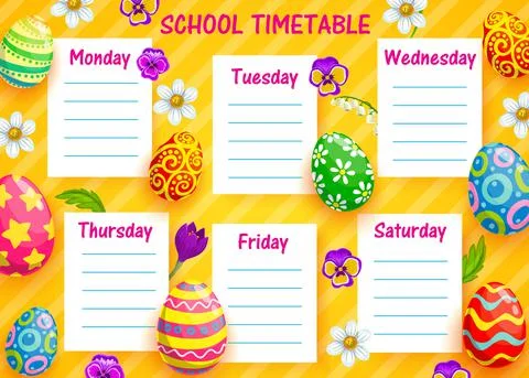 School timetable vector template with Easter eggs Stock Illustration