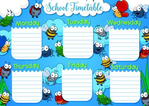 School timetable week schedule, cartoon insects Stock Illustration