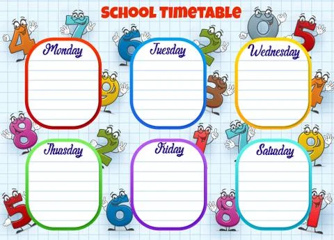 School timetable week schedule, cartoon numbers Stock Illustration