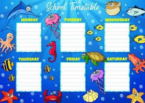 School timetable week schedule, cartoon underwater Illustrazione stock