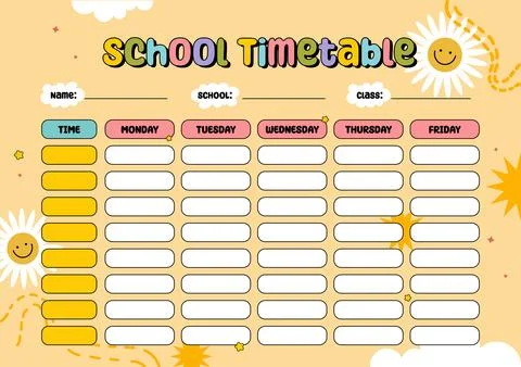 School timetable, weekly class schedule, school timetable template 스톡 일러스트