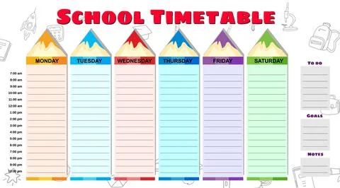 School Timetable weekly, hand drawn sketch icons of school supplies, pencils Stock Illustration