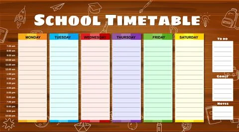 School Timetable weekly, hand drawn sketch icons of school supplies, pencils on Illustrazione stock