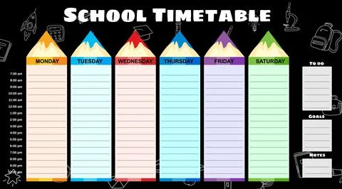 School Timetable weekly, hand drawn sketch icons of school supplies, pencils on Stock Illustration