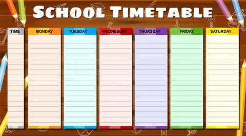 School Timetable weekly, hand drawn sketch icons of school supplies, pencils on Stock Illustration
