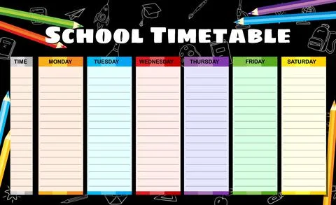 School Timetable weekly, hand drawn sketch icons of school supplies, pencils on Illustrazione stock