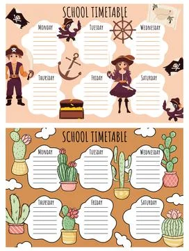 School Timetable. Weekly schedule vector template for school students. 스톡 일러스트