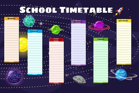 School Timetable weekly Space Galaxy, rocket, planets, sun. Vector template Illustrazione stock