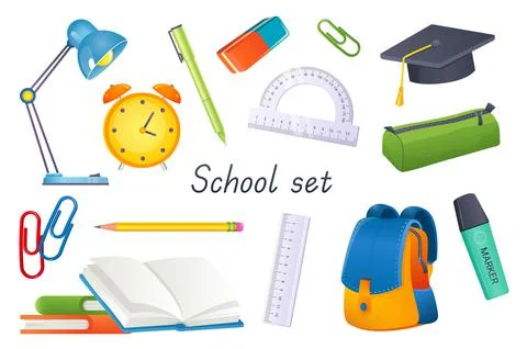 School tools 3d realistic set. Bundle of table lamp, pen, eraser, paper clip 스톡 일러스트