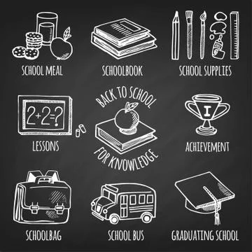 School tools on chalk board vector set. Stock Illustration