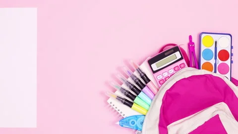 School tools come out of backpack and white paper for text appear. Stop motion Видео 157347877