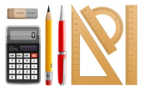 School tools for learning, pencil, pen, calculator, rulers and rubber Stock Illustration