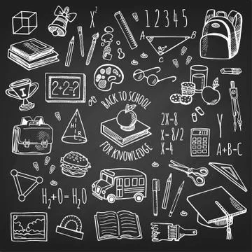 School tools sketch on chalkboard vector set. Stock Illustration