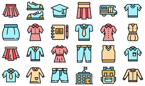 School uniform icons set vector flat Stock Illustration