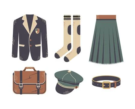 School Uniform Set: Blazer, Kilt, Socks, Cap, Belt, and Satchel Stock Illustration
