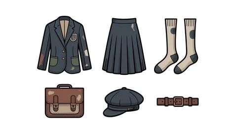 School Uniform Set: Blazer, Pleated Skirt, Socks, Cap, Satchel, and Belt Stock Illustration