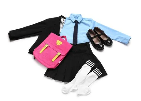 School uniform set with a pink backpack, blue shirt, black skirt, blazer, and Stock Photos