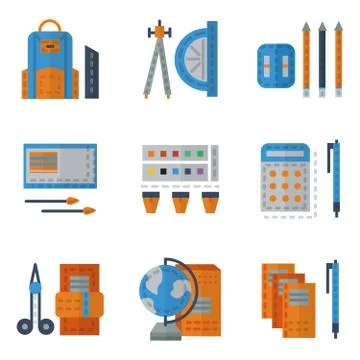 School utensils flat color vector icons Stock Illustration