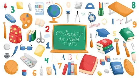 School vector elements collection. Childrens cute school elements vector flat Stock Illustration